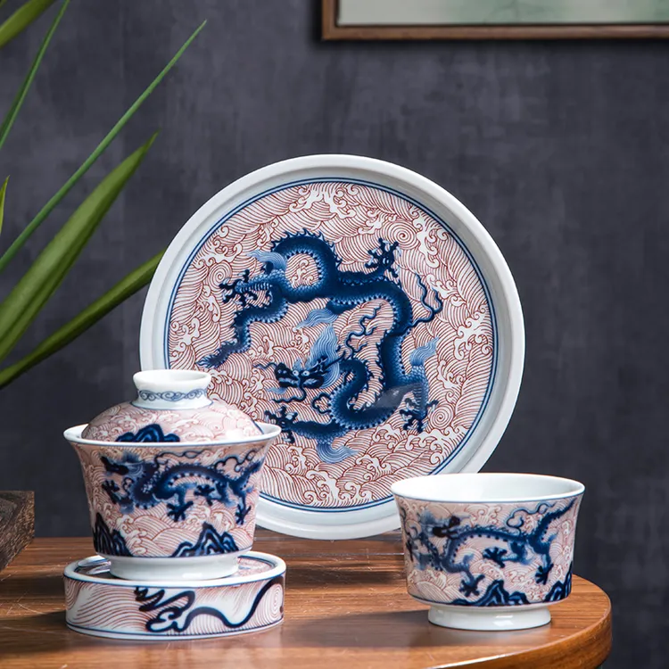 青花釉里红海水龙纹盖碗套装仿明仿元喝茶器具茶具景德镇