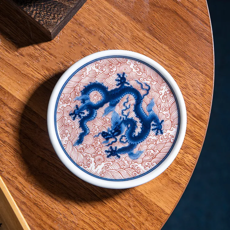 景德镇炎匠堂青花釉里红海水龙饼型盖置   青花瓷 陶瓷 家用高档