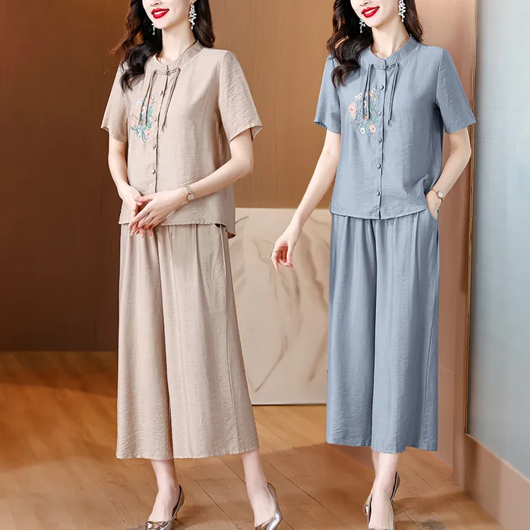2024夏季文艺棉麻两件套装绣花短袖开衫上衣阔腿裤洋气百搭苎麻