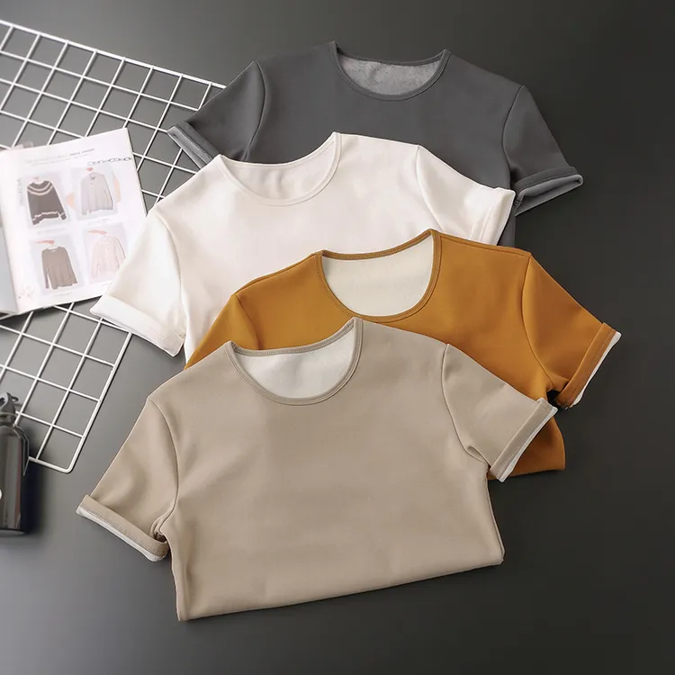 加绒加厚冬季短袖保暖修身打底衫男士半袖纯色t恤圆领内搭上衣I