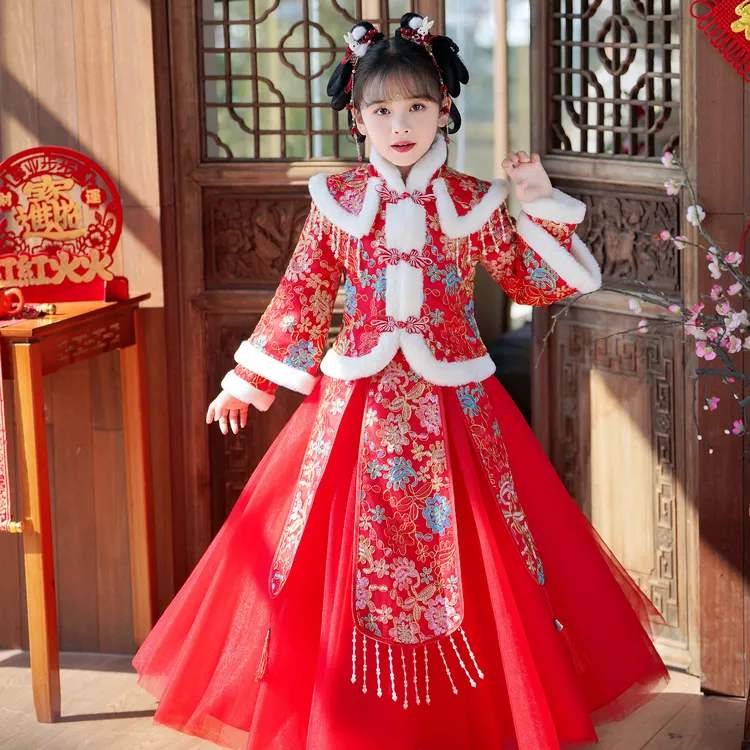 852女童汉服红色中国风秋冬两件套加绒加厚新款小女孩唐装拜年服
