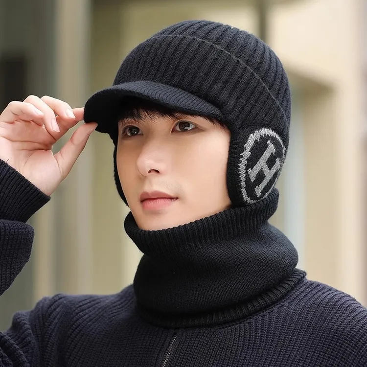 男士秋冬加绒保暖针织鸭舌帽子秋冬防寒保暖围脖套户外骑行毛线帽