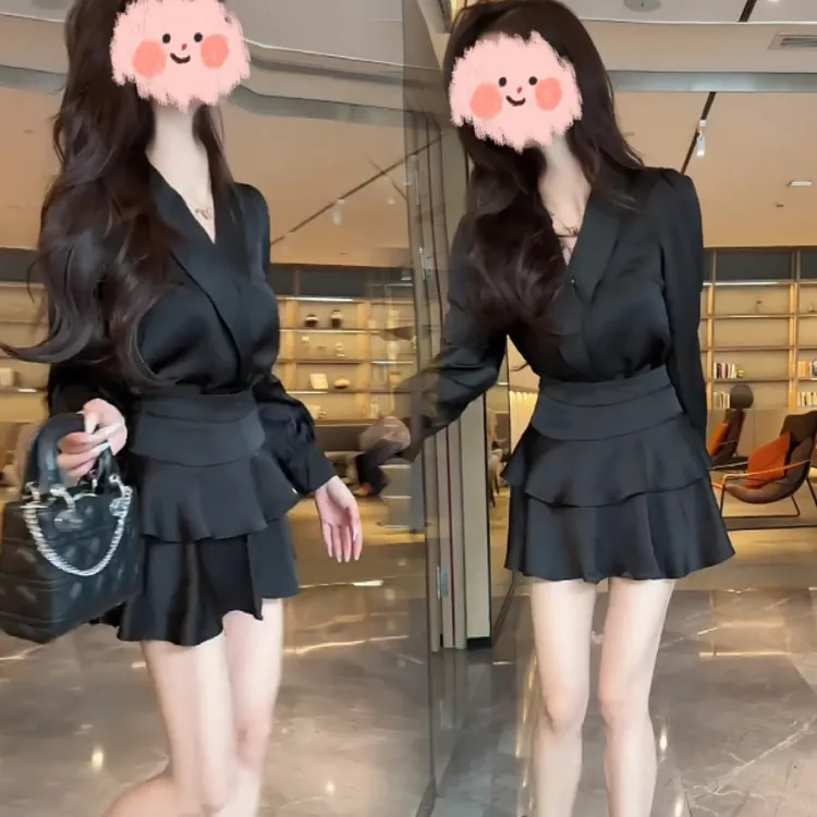轻奢气质V领长袖衬衫高腰半身短裙气质显瘦长袖两件套女秋季套装