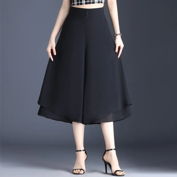 雪纺七分裤裙女百搭薄款黑色新款宽松高腰中长款阔腿垂感休闲夏季