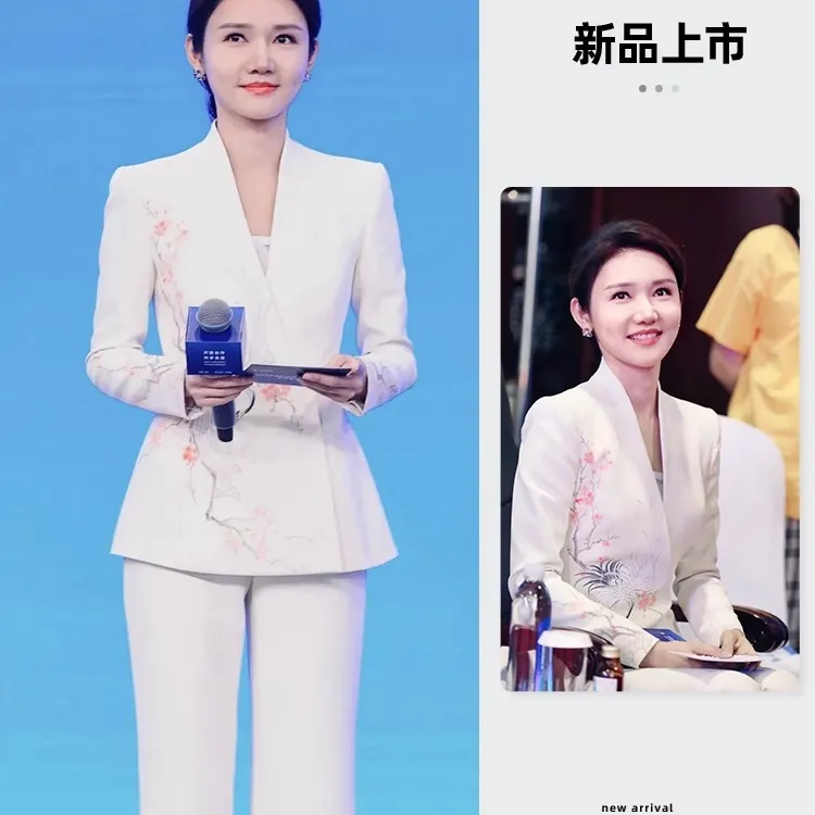 干练气质女装新中式中国风复古白色印花西装套装穿搭一整套春秋款