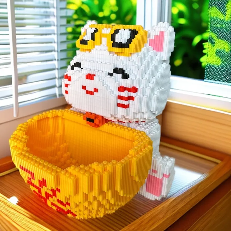 超大聚宝盆招财猫小颗粒立体拼装益智拼图玩具玄关摆件开业礼物