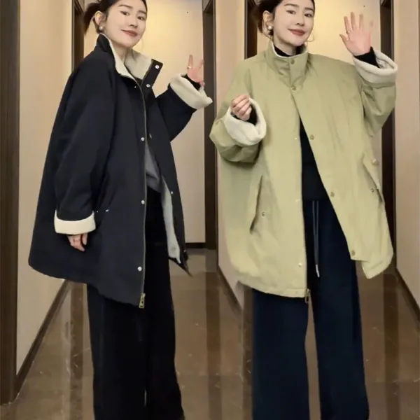 韩系立领加绒加厚外套女2025冬季新款宽松显瘦中长款派克服上衣潮
