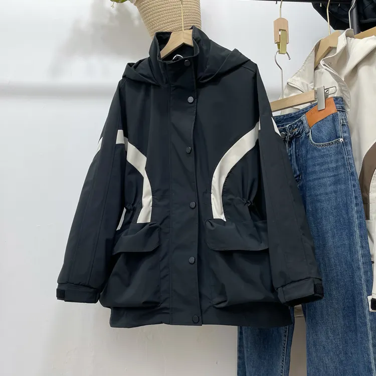 夹棉加厚棉服女秋冬新款宽松时尚连帽收腰工装风衣拼色冲锋衣外套