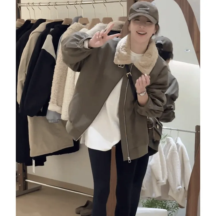 洋气保暖夹棉工装派克服羊羔毛领拉链棉服棉衣女外套韩系宽松上衣