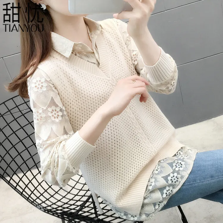 2025春秋新款气质女装薄款针织马甲衬衫蕾丝两件套打底衫宽松上衣