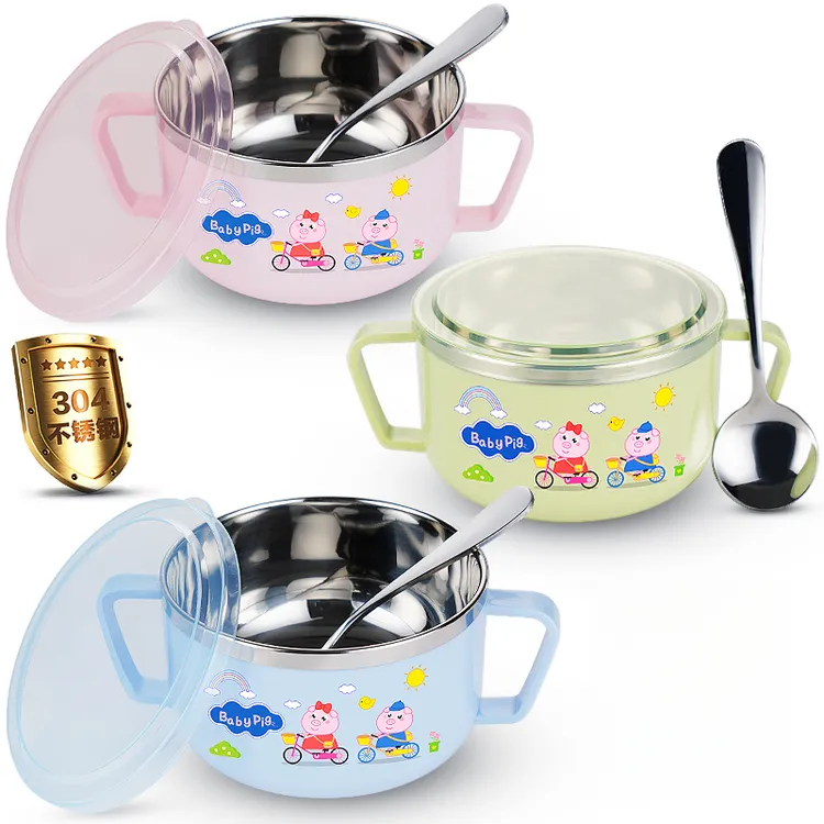 儿童碗婴儿饭碗防摔防烫304不锈钢双耳小孩吃饭碗宝宝餐具带盖勺