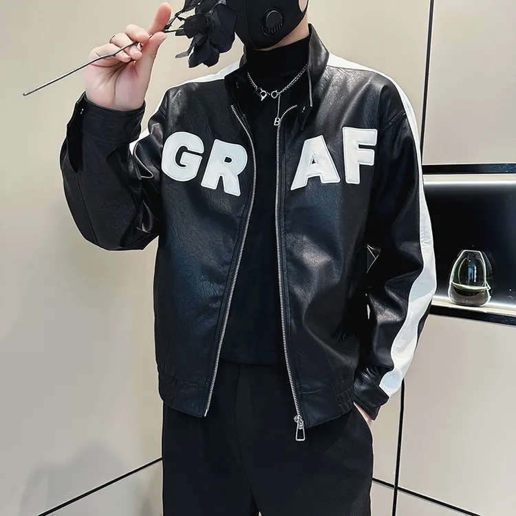 秋装皮衣外套男士潮流撞色男装立领皮夹克2023新款春秋季潮牌上衣
