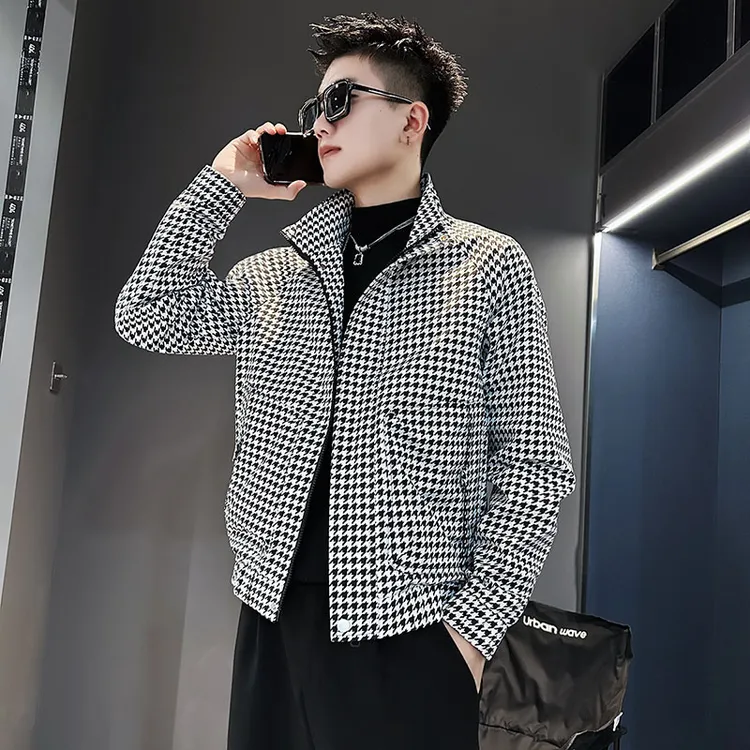 千鸟格立领外套男士春秋季潮牌痞帅工装夹克2024新款潮流秋装上衣