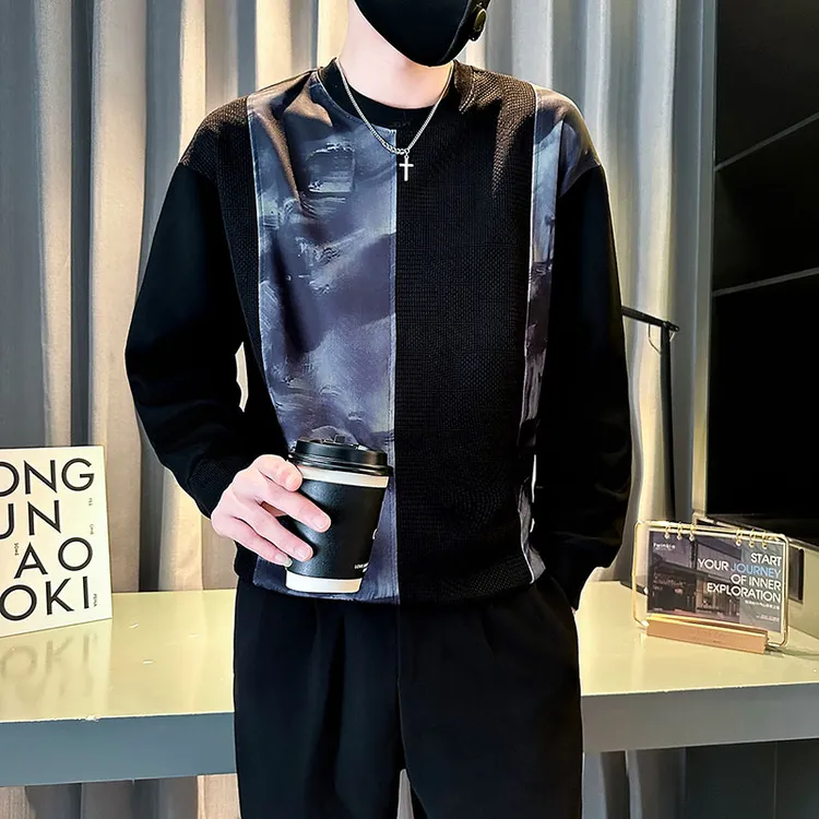 男士卫衣春秋季2024新款潮牌男装圆领打底衫休闲痞帅上衣拼接外套