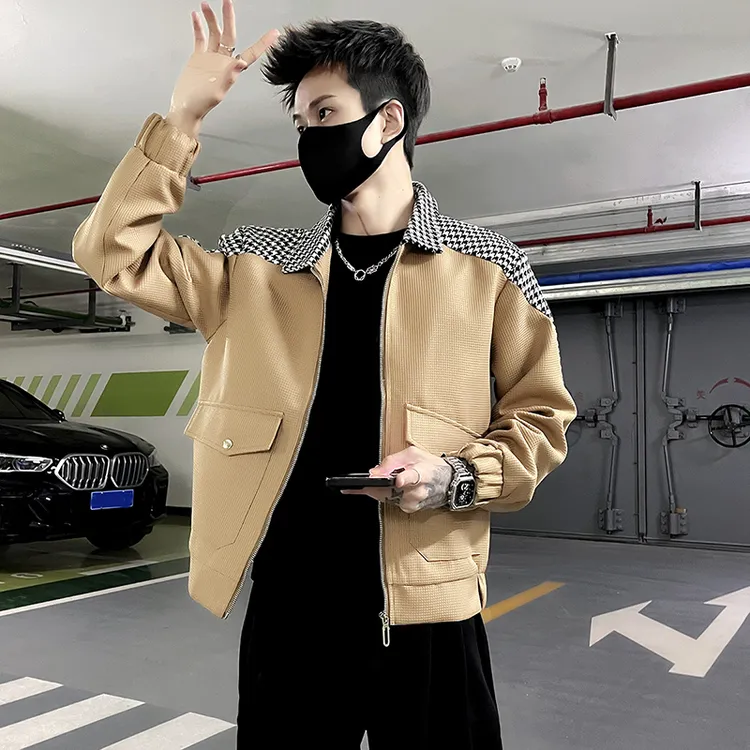 高级感拼接华夫格外套男春秋季潮牌痞帅千鸟格夹克男士翻领上衣服