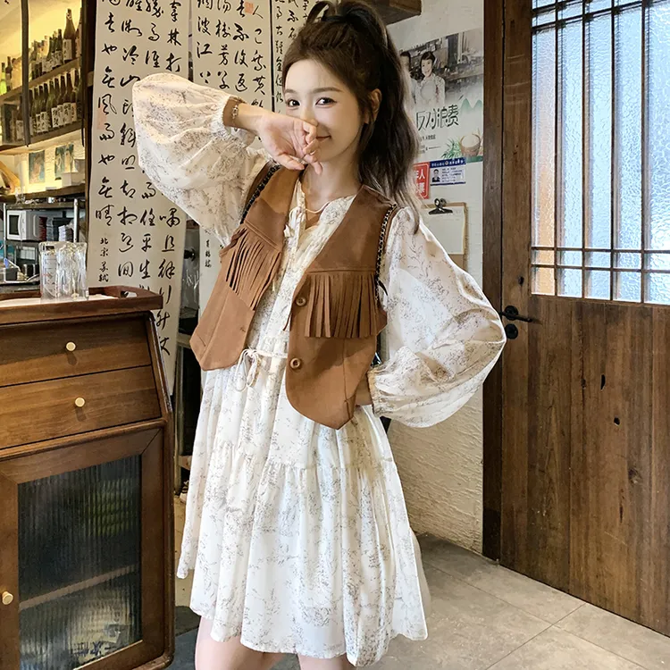 小香风麂皮绒马甲套装碎花长裙女早秋2025新款法式复古减龄两件套