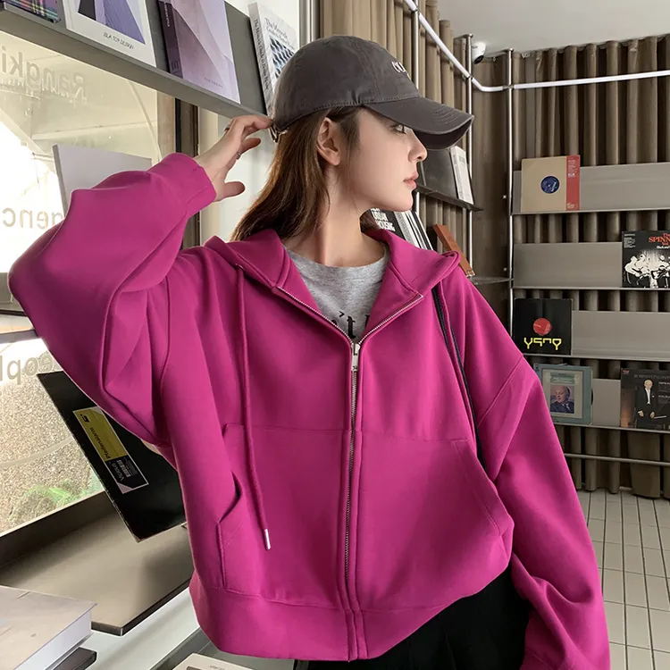 美式复古玫红色连帽卫衣女2025新款春秋季宽松慵懒风拉链外套潮