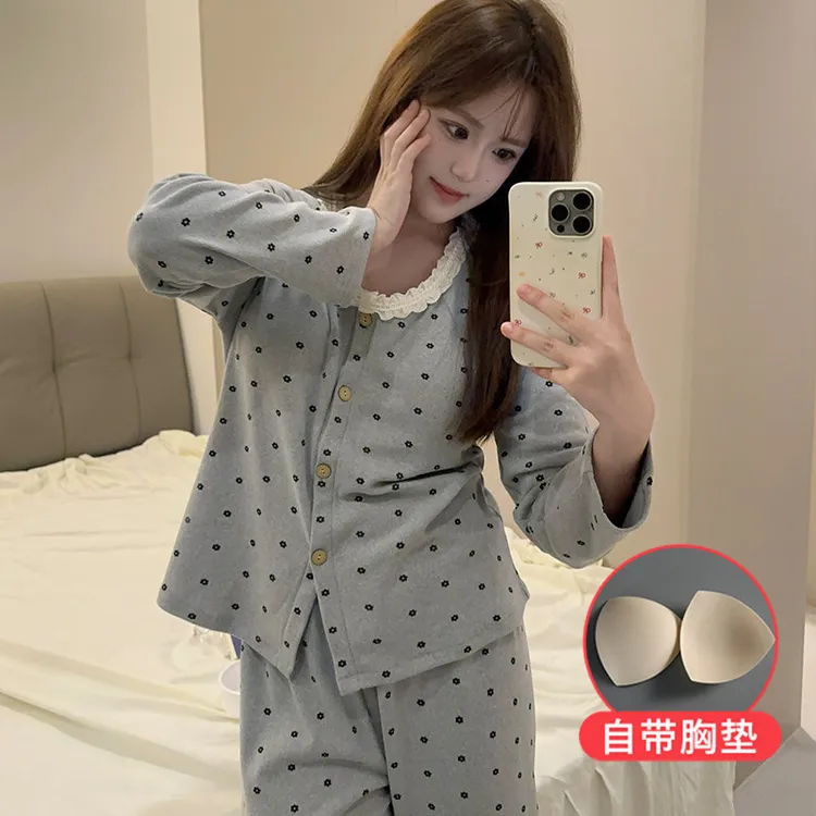 2677-2#深灰秋冬季德绒开衫睡衣女带胸垫家居服套装