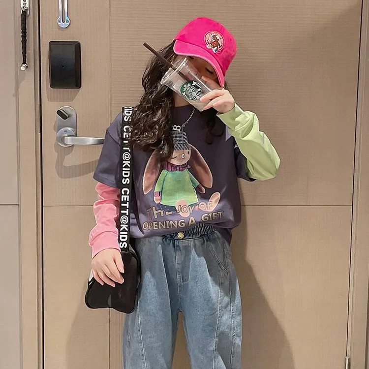 纯棉女童秋装新款爆款衣服假两件卫衣中大童T恤中小学生上衣宽松