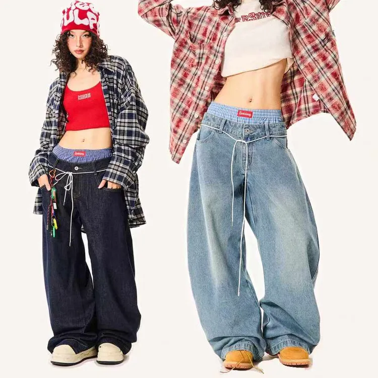 美式复古双腰头牛仔裤子中性新款格子拼接弯刀裤阔腿长裤