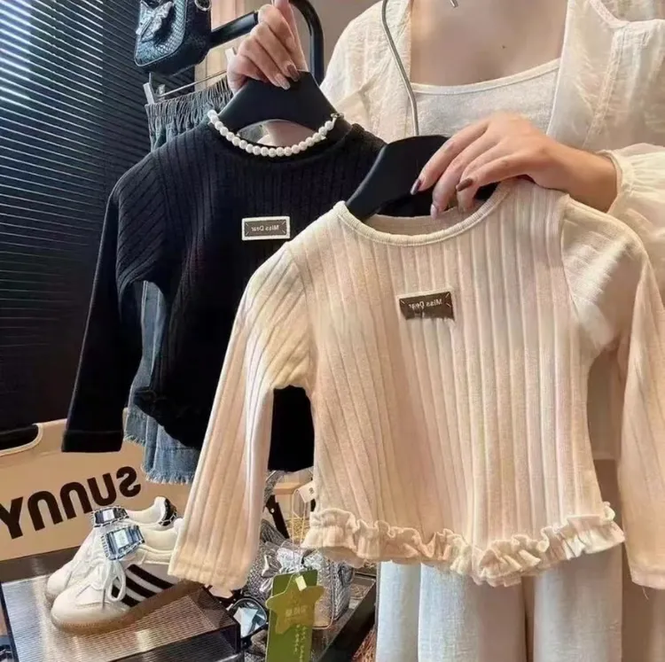 儿童洋气时尚韩系女童长袖打底衫女宝套头花边百搭打底上衣