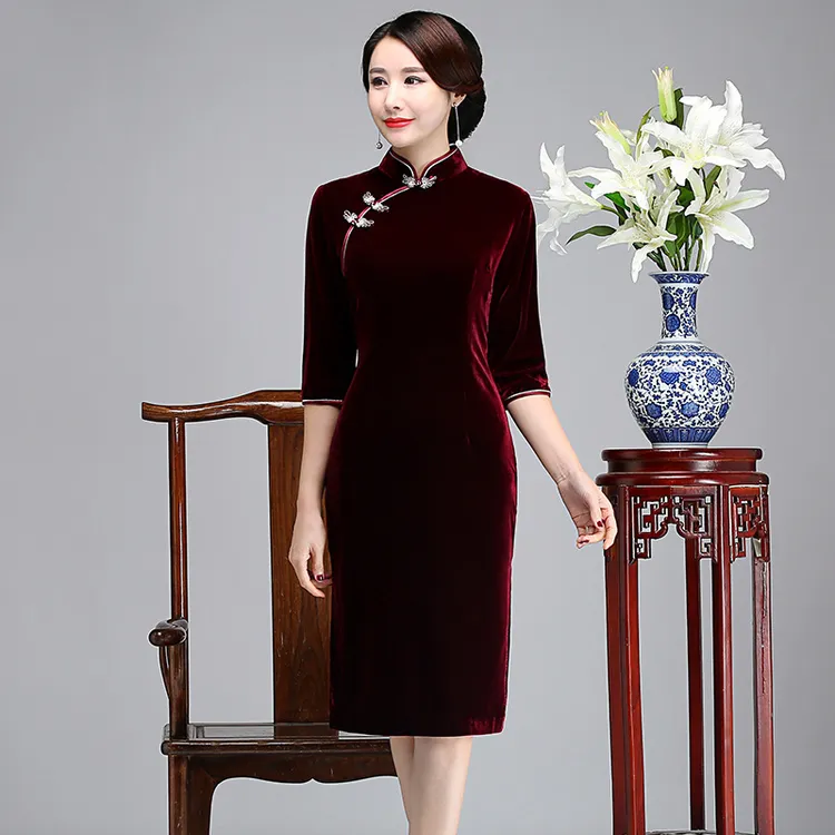 春季新款素色小个子金丝绒旗袍洋气高贵婚宴装妈妈礼服中长款