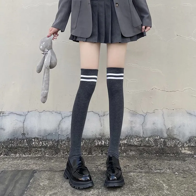 过膝袜长筒袜纯色防滑夏季薄款小腿袜子白色黑色二杠条纹jk日系