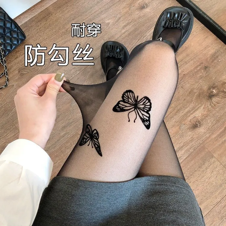 2024新款丝袜春秋款纯欲风防勾丝袜蝴蝶纹身印花连裤打底袜百搭