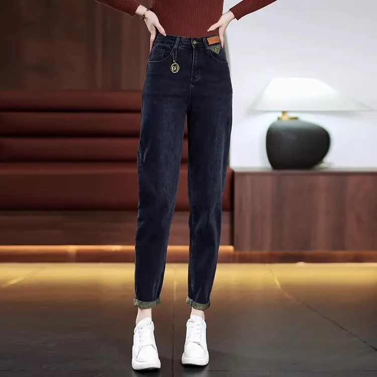 哈伦牛仔裤女2024年秋冬新款高腰直筒复古加绒加厚萝卜裤老爹裤子