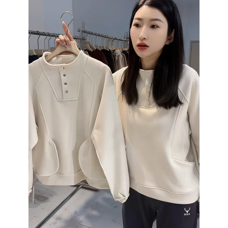 纯色立领纽扣套头卫衣女韩版宽松百搭休闲口袋拼接半高领上衣