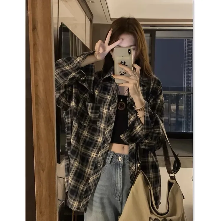 外套格子衬衫长袖大码胖mm宽松百搭酷飒风女装高级百搭老钱风女装