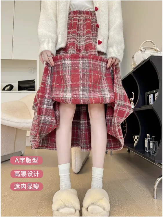 秋冬季中长款加厚小个子高腰显瘦流行百搭老钱风女装格子半身裙子