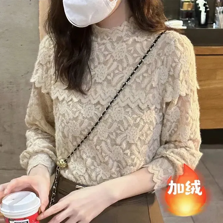 磨毛蕾丝打底2024秋冬新款加绒镂空修身百搭洋气加厚高领长袖上衣
