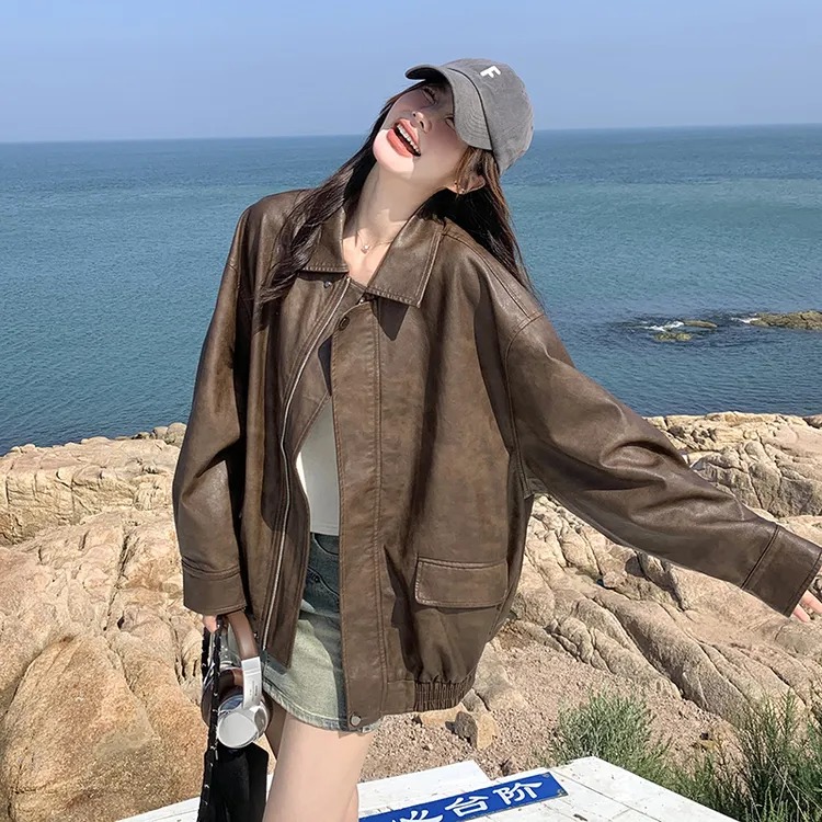 海宁美拉德复古PU皮衣上衣女秋七巧板穿搭韩系感炸街机车风皮夹克