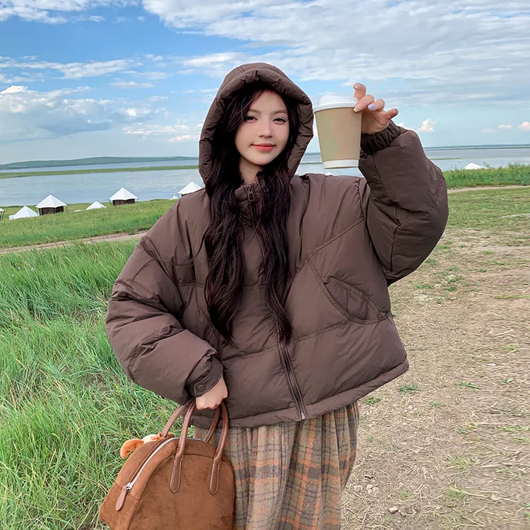 复古咖色连帽羽绒服女2024年冬季新款时尚小个子保暖白鸭绒短外套