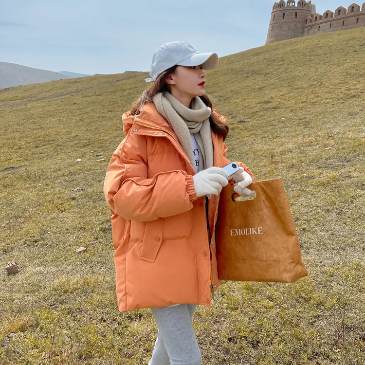 橘色洋气白鸭绒羽绒服女2025中长款新款小个子短款冬季面包服外套