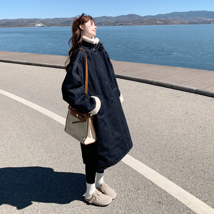 羊羔绒拼接羽绒内胆加厚外套女冬季2025加绒黑色长款白鸭绒羽绒服