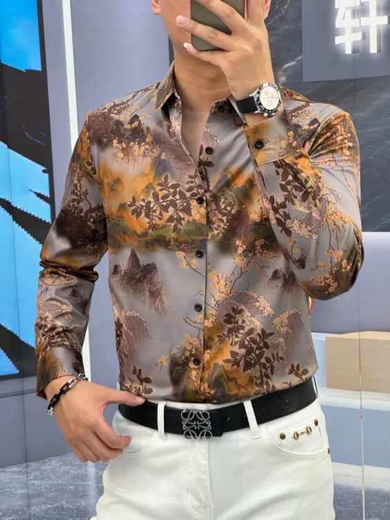 轩诚甄选秋季新款无缝免烫高弹力高品质古风时尚中国风休闲衬衣