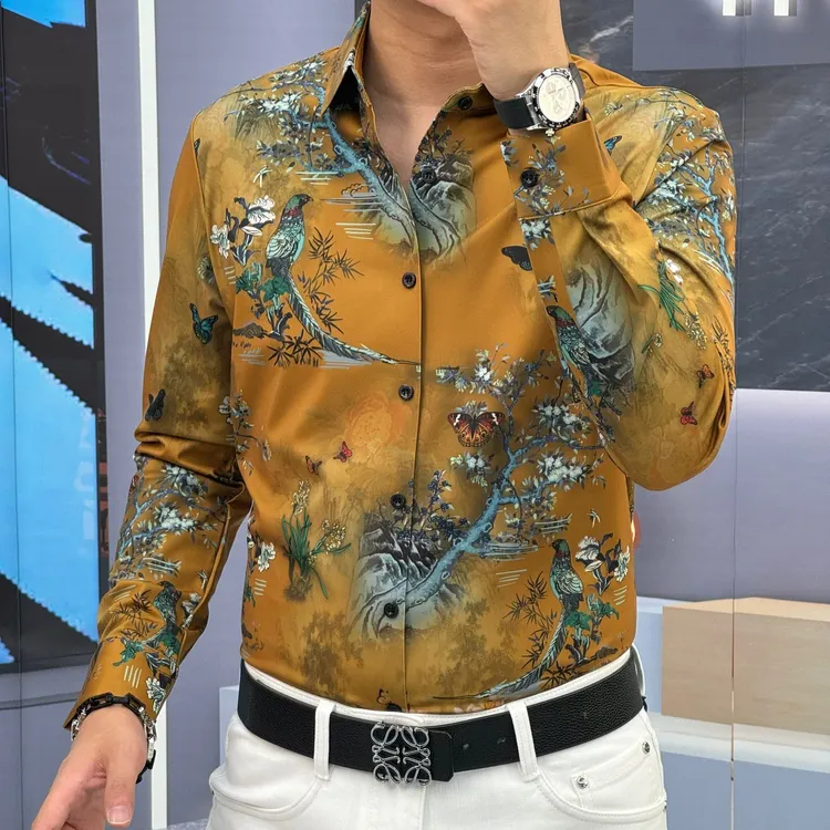 轩诚男士秋季新款高品质弹力鸟语休闲百搭印花无缝免熨烫长袖衬衫