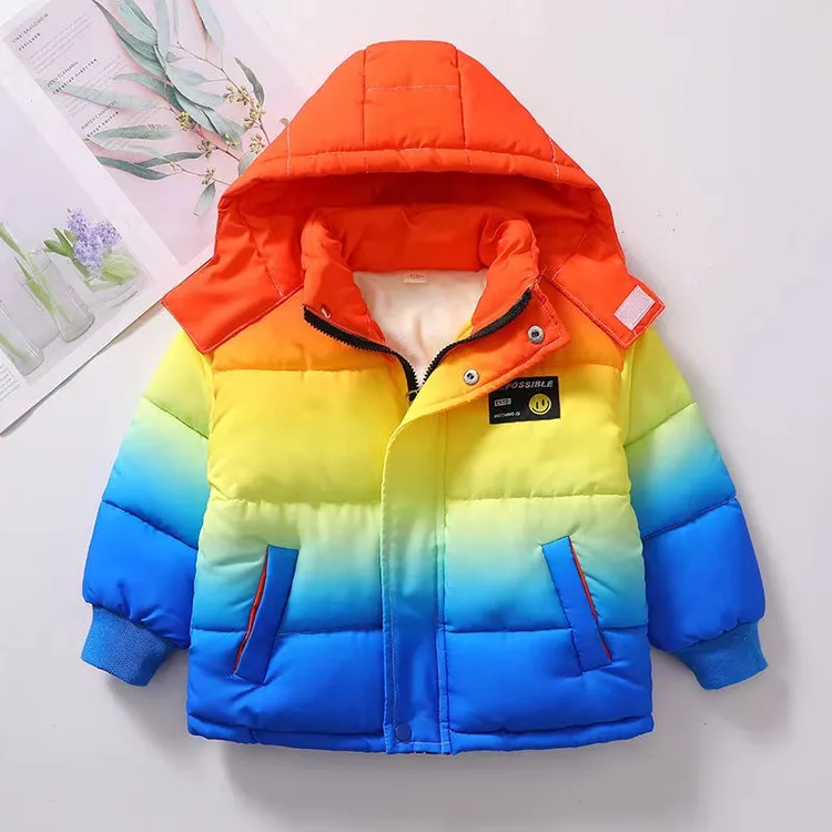 儿童冬季棉服款2025彩虹渐变色帅气炸街棉加绒加厚连帽衣洋气棉衣