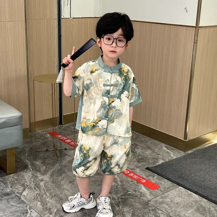 儿童夏季短袖套装夏季新款七彩祥云复古汉服套装帅气潮酷时尚套装