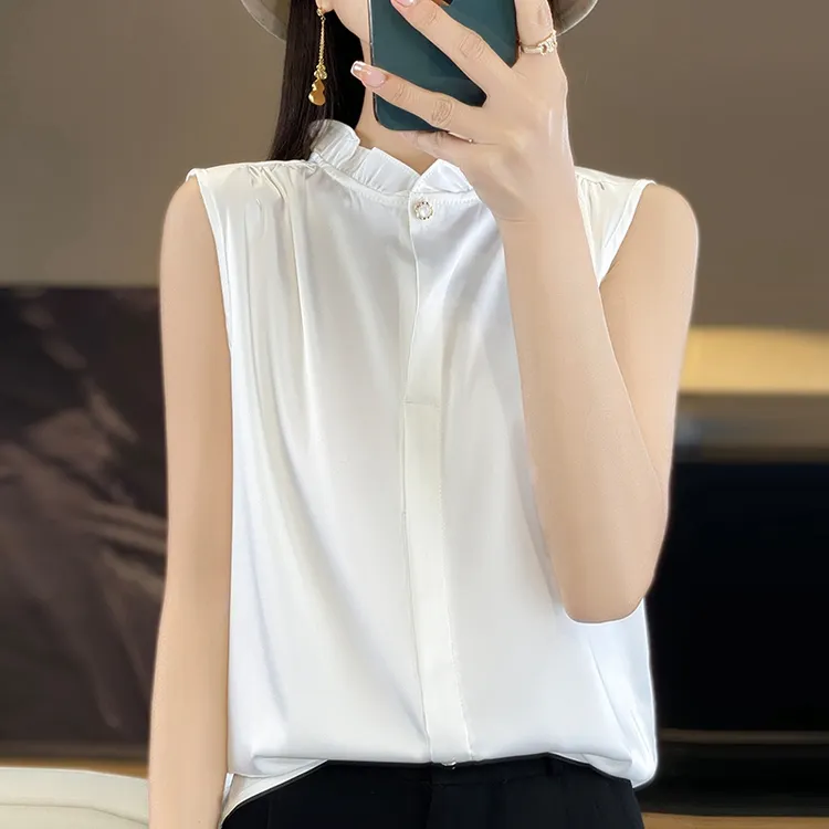 8736#时尚气质木耳花边无袖T恤缎面百搭外穿夏季女背心洋气显瘦JJ