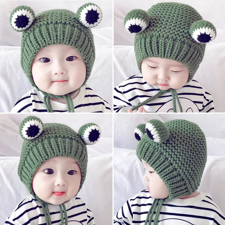 5-18个月 宝宝针织帽子秋冬季保暖儿童护耳帽可爱超萌青蛙毛线帽