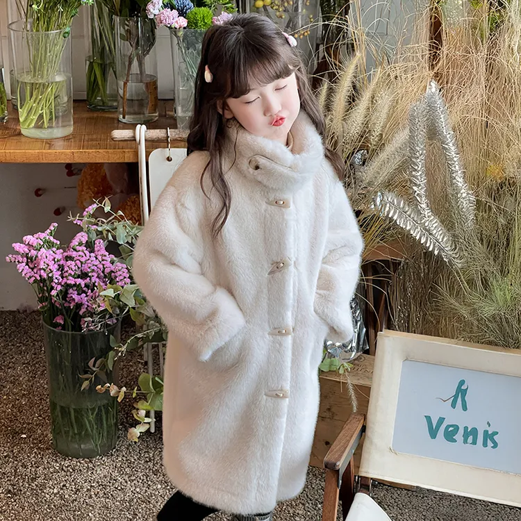 女童冬季外套仿水貂毛童装宽松加厚牛角扣中长款儿童仿皮草大衣