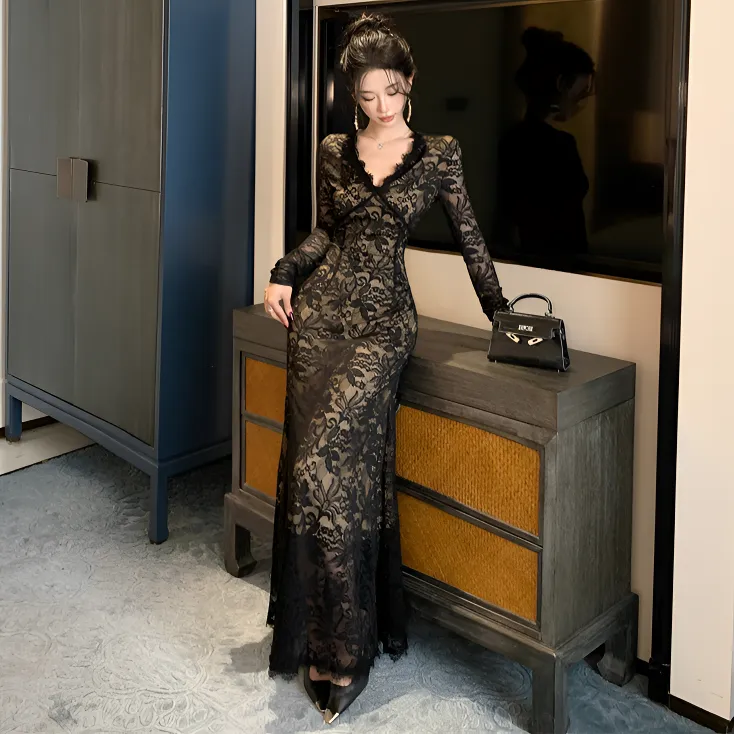 名媛御姐性感v领镂空蕾丝连衣裙鱼尾包臀长裙重要场合宴会礼服裙