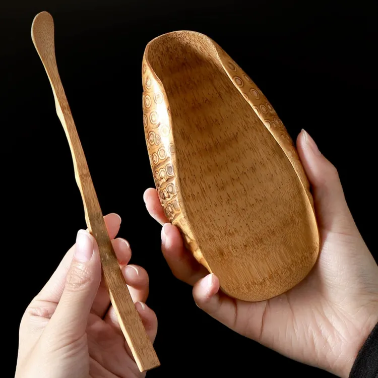 中式老竹根茶则茶拔两件套 手工竹茶扒茶荷勺茶艺茶道茶具配件