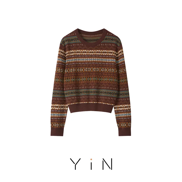 YiN费尔岛提花圆领羊毛桑蚕丝针织衫8978