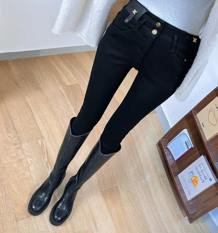 自发热黑色植绒薄绒高腰弹力小脚牛仔裤个性收腹遮肉提臀铅笔裤