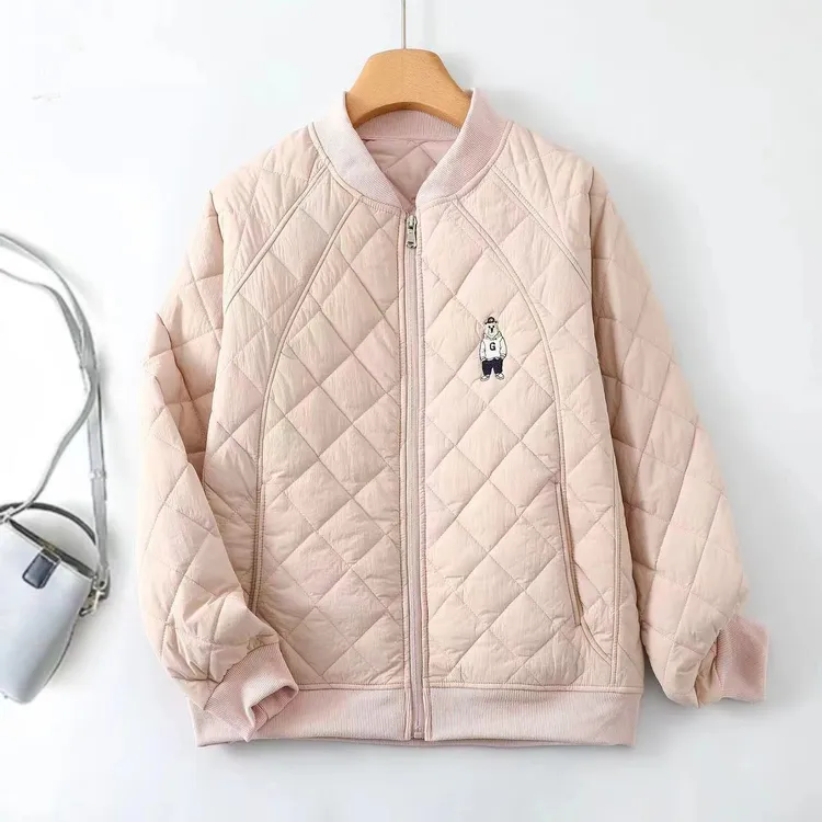 即墨棒球女外套女爆款早春新款插兜小熊菱形格拉链开衫棉服O-