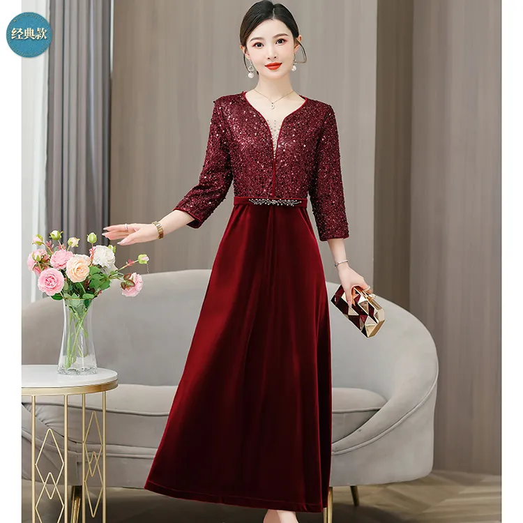 高贵婚礼婚宴礼服秋冬连衣裙高端女款高档新款修身显瘦气质长裙子